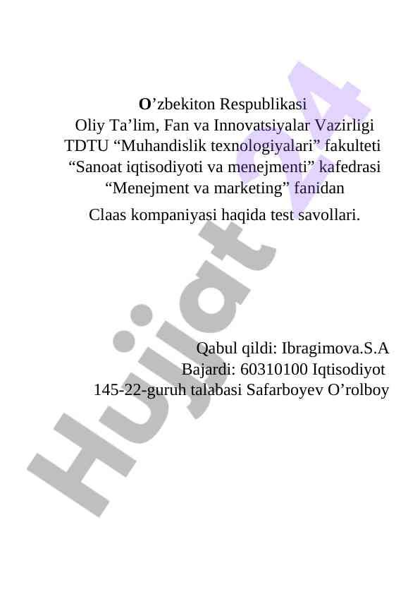 Test savollari muhandislik texnologiyalari bo'yicha