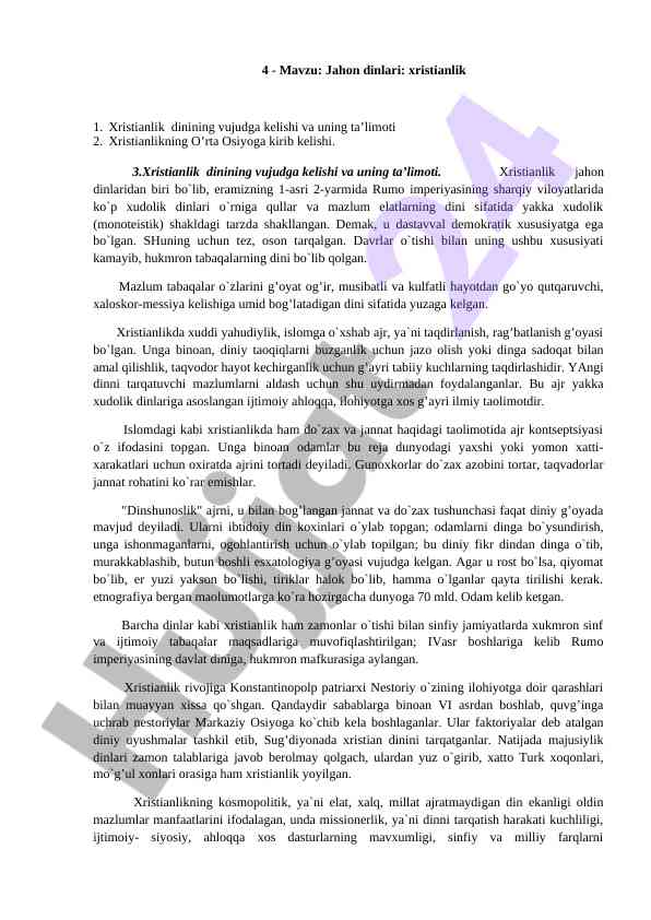 Xristianlik dini vujudga kelishi va ta’limoti