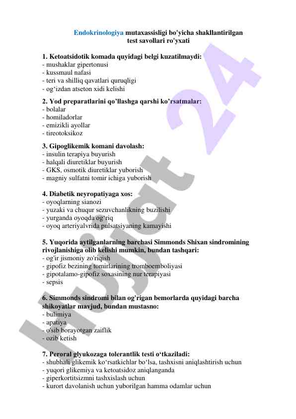 Endokrinologiya bo'yicha test savollari ro'yxati
