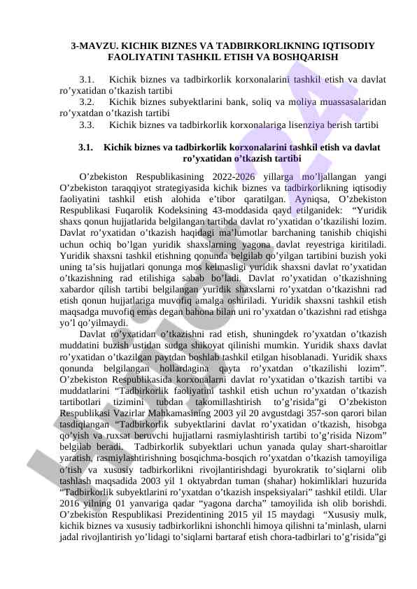 Kichik biznes va tadbirkorlikni tashkil etish tartibi