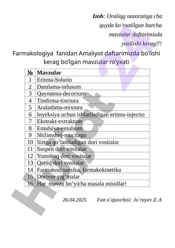 Farmakologiya fanidan amaliyot mavzulari ro'yxati