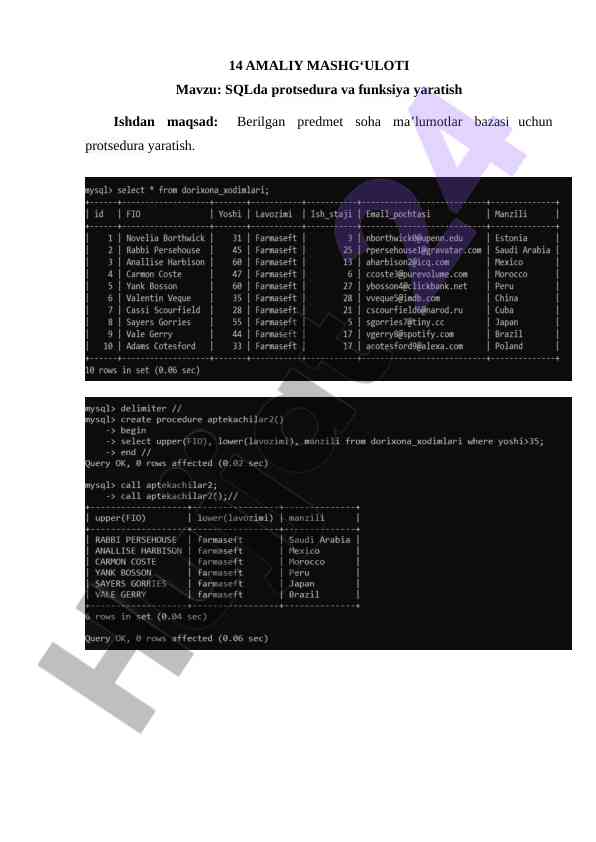 Sql va c++ orqali protsedura va interfeys yaratish