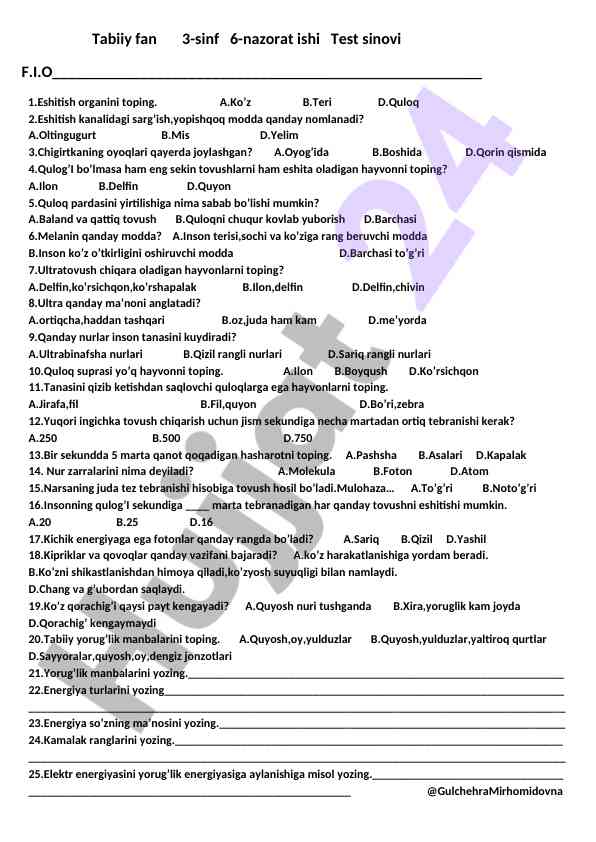 Tabiiy fan 3-sinf nazorat ishlari test sinovi