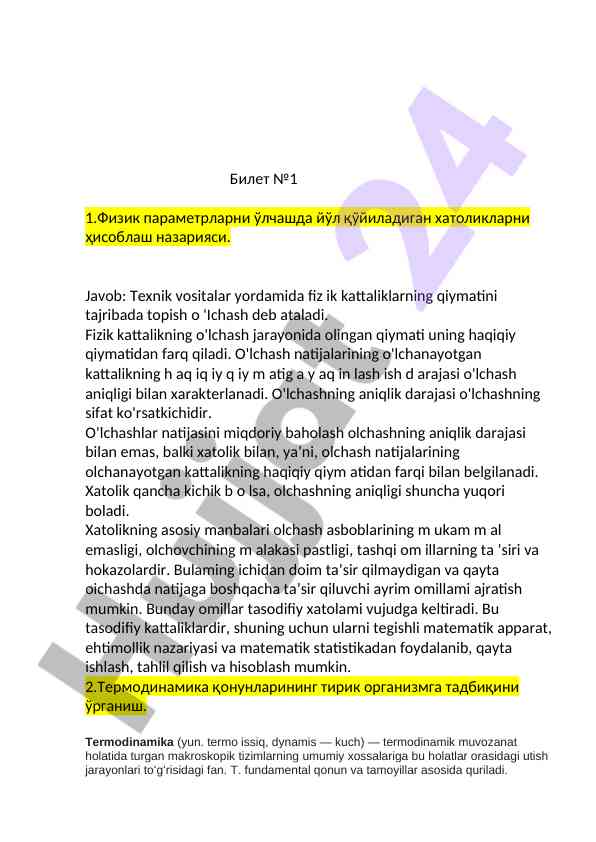 Fizik parametrlarni o'lchashda xatolikni hisoblash