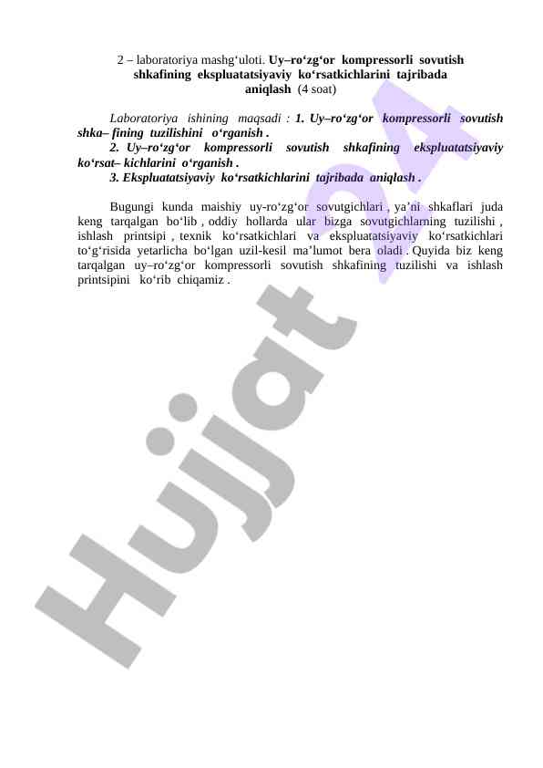 Uy-roʻzgʻor kompressorli sovutish shkafi tajribasi