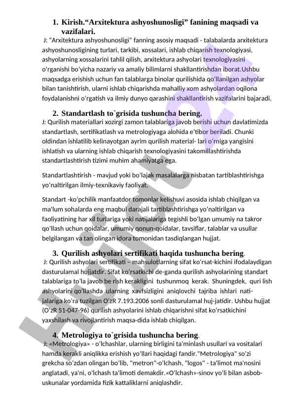 Arxitektura ashyoshunosligi fanining maqsadlari