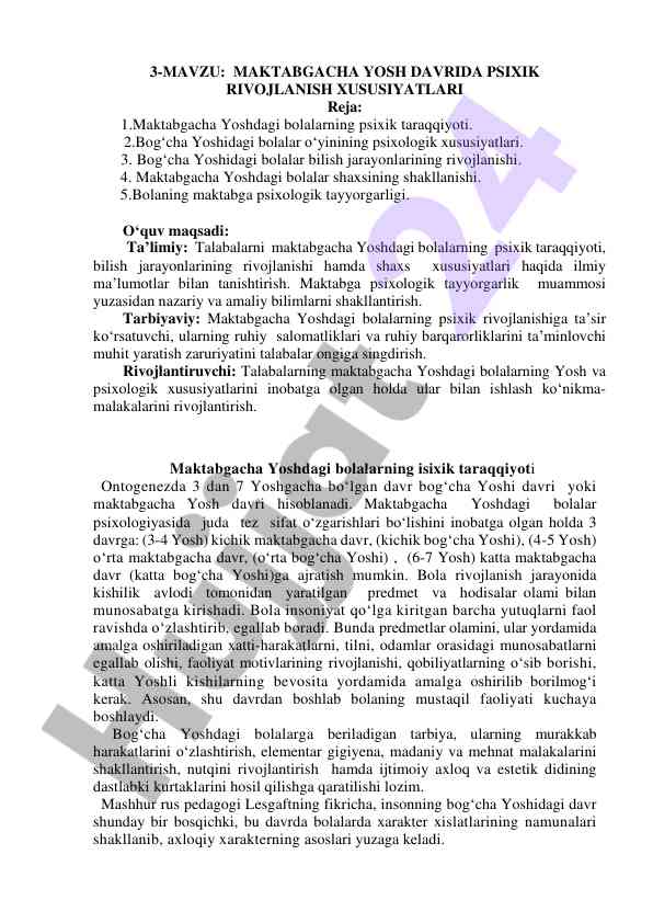 Maktabgacha yosh davrida psixik rivojlanish xususiyatlari