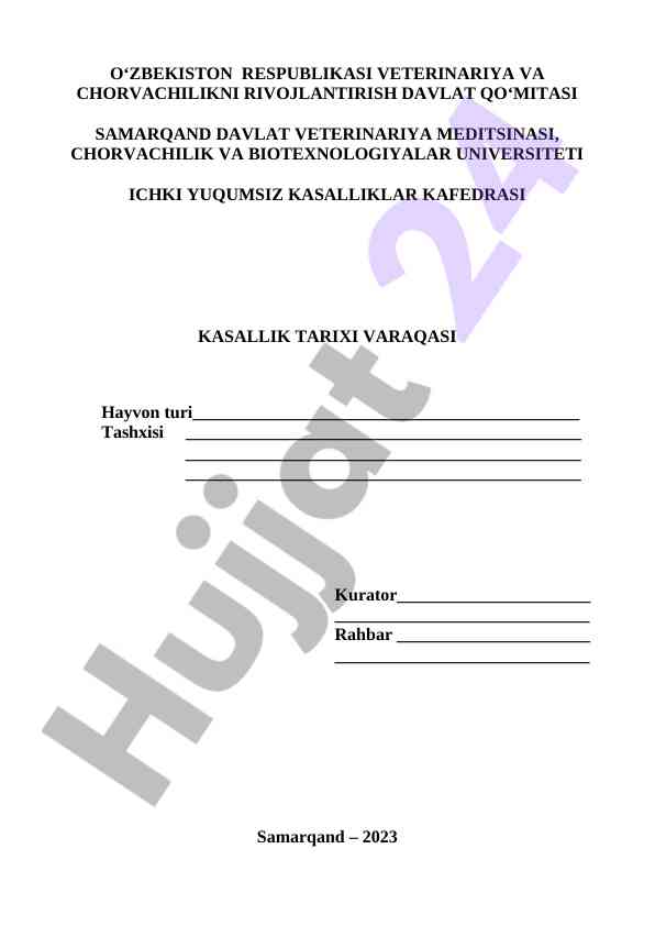 Hayvon turi va tashxisi uchun klinika varag‘i
