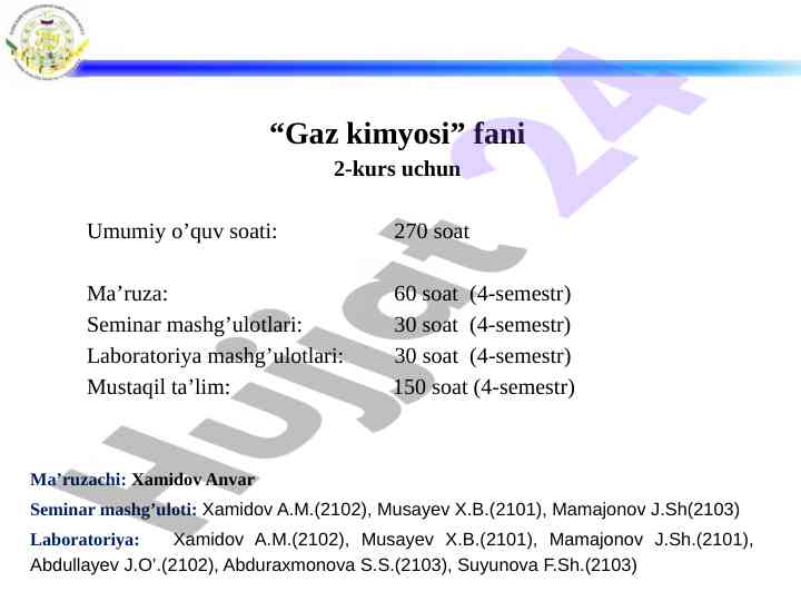 Gaz kimyosi fani uchun o‘quv qo‘llanma