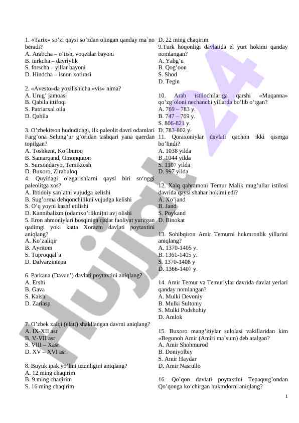 O‘zbekiston tarixi test savollari