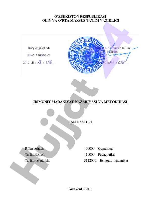 Jismoniy madaniyat nazariyasi va metodikasi fan dasturi