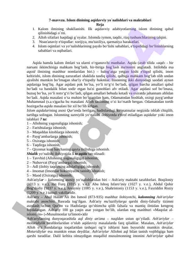 Islom dinining aqidavviy yo'nalishlari va maktablari