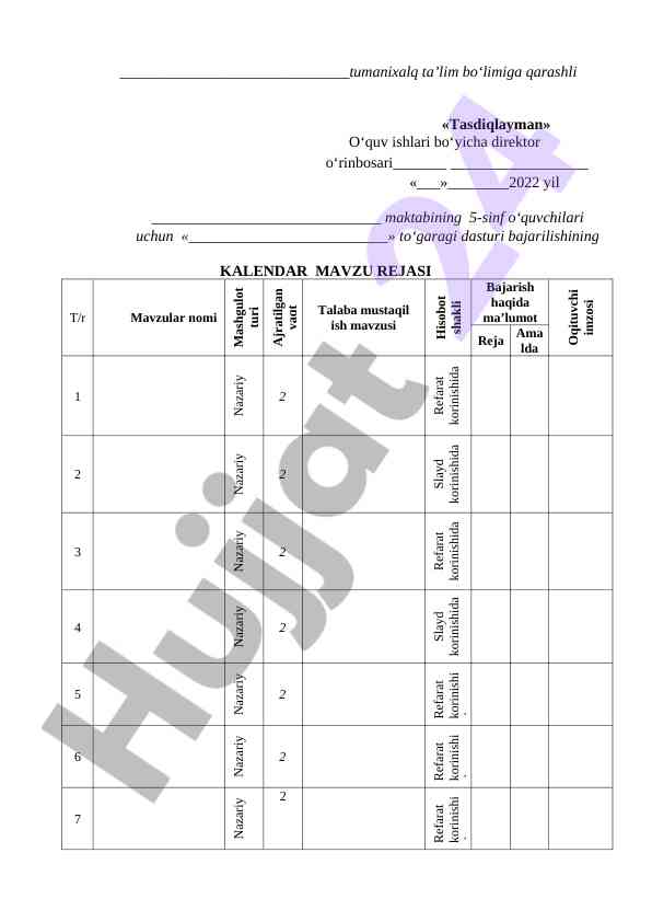 5-sinf o‘quvchilari uchun kalendar mavzu rejasi