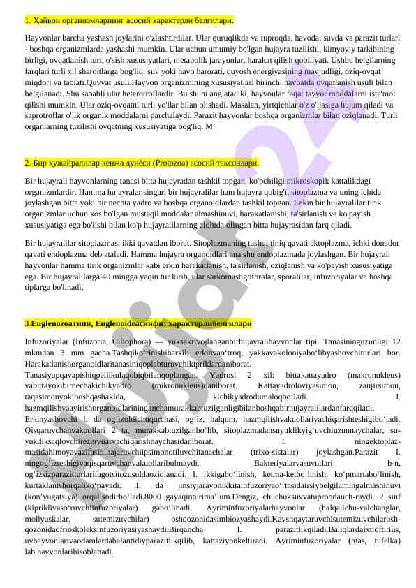 Hayvon organizmning asosiy xususiyatlari va taksonlar