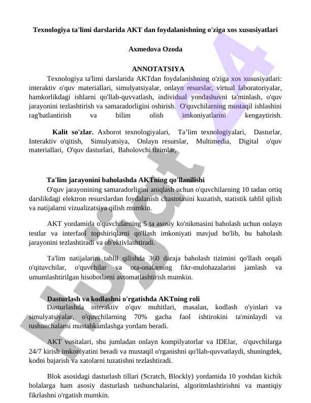 Texnologiya ta'limida akt foydalanish xususiyatlari