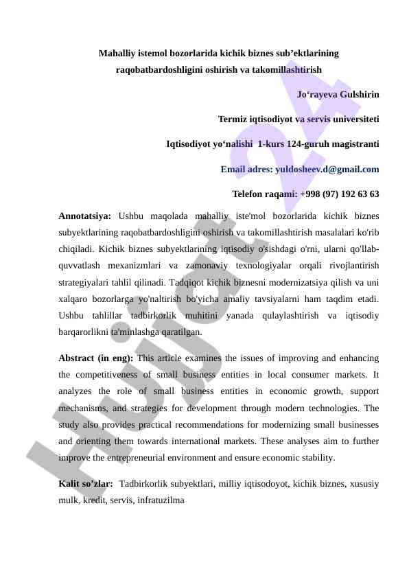 Mahalliy iste'mol bozorlarida kichik biznes