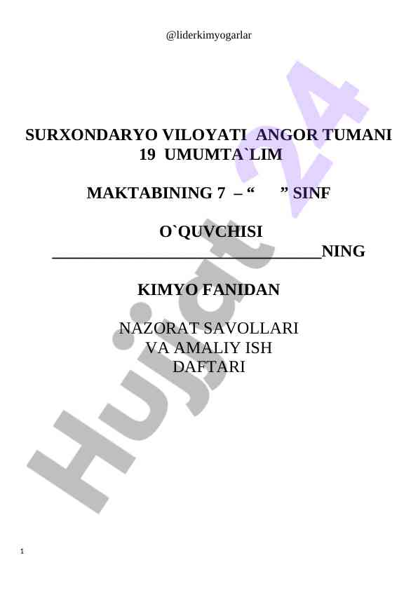 Kimyo fanidan nazorat savollari va amaliy ish