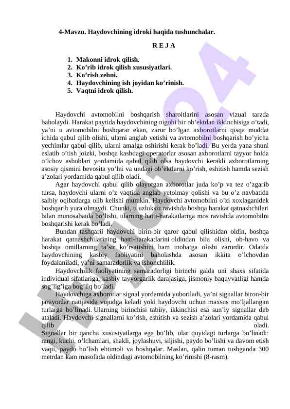 Haydovchining idroki haqida tushunchalar