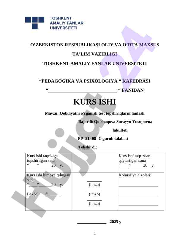 Qobiliyatni o'rganish test topshiriqlarini tanlash