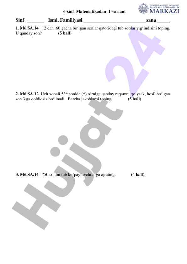 6-sinf matematikadan 1-variant test savollari
