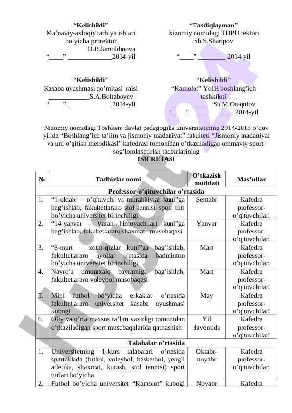 Jismoniy madaniyat tadbirlarining ish rejasi