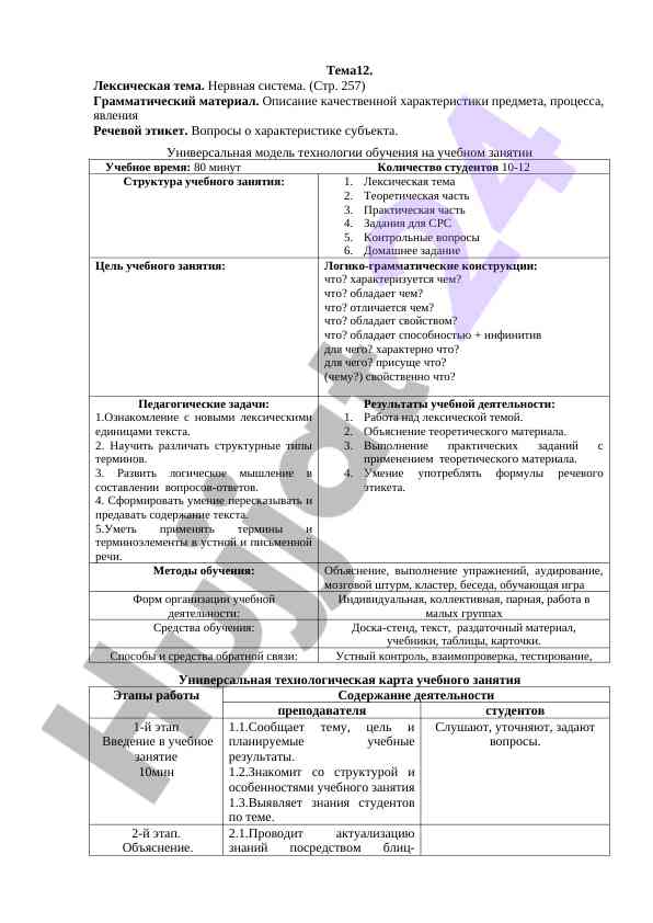 Лексическая тема нервной системы в учебном занятии