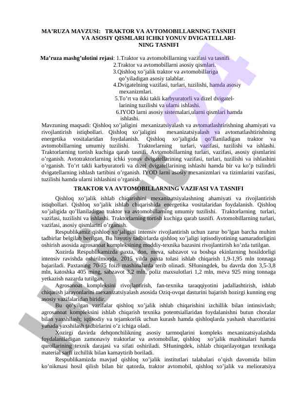 Traktor va avtomobillarning tasnifi va asosiy qismlari