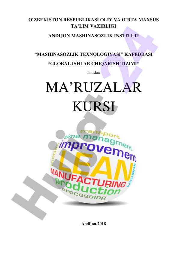 Mashinasozlik texnologiyasi fani bo‘yicha ma'ruzalar kuri