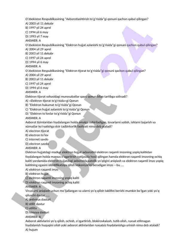 O’zbekiston respublikasi qonunlari bo’yicha test savollari