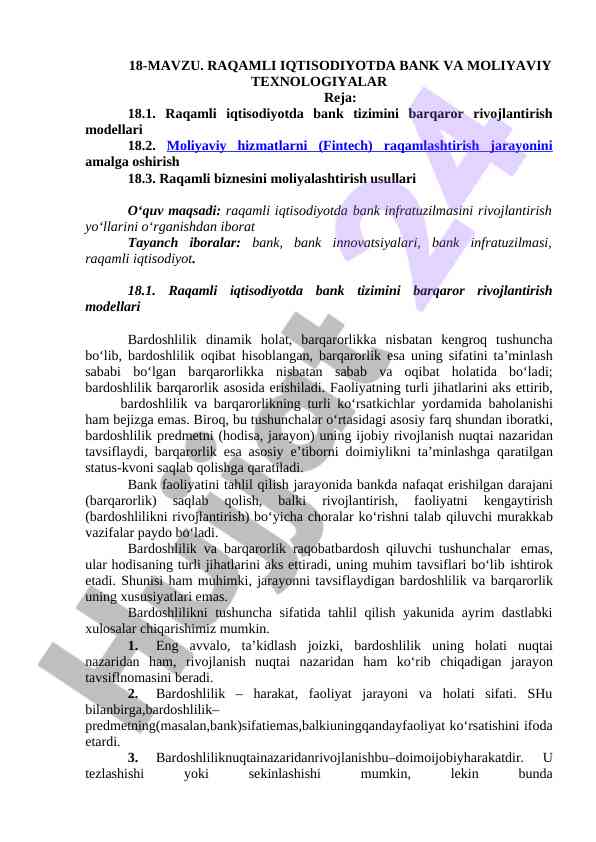 Raqamli iqtisodiyotda bank va moliyaviy texnologiyalar