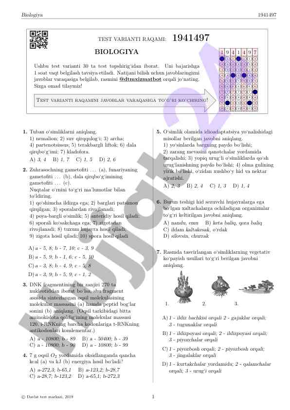 Biologiya test varianti raqami 1941497
