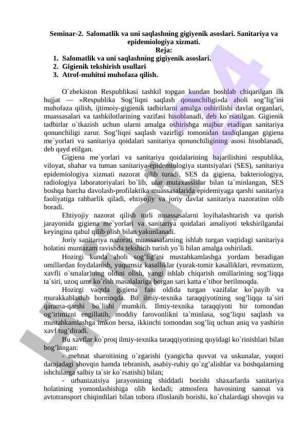 Salomatlikni saqlashning gigiyenik asoslari seminar
