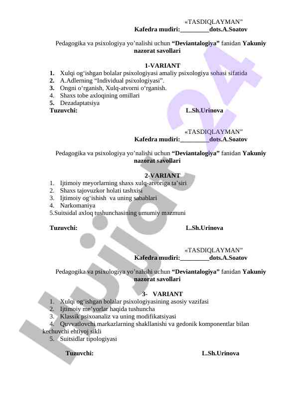 Deviantalogiya fanidan yakuniy nazorat savollari