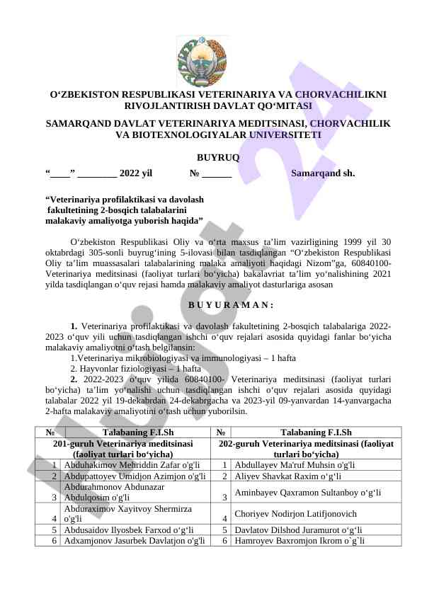Veterinariya amaliyoti dars rejasi 2022-2023
