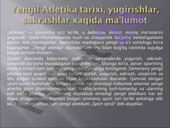 Yengil atletika sportining tarixi va ahamiyati