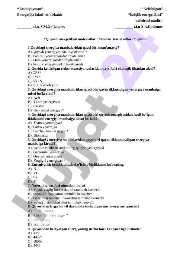 Quyosh energetikasi materiallari test savollari