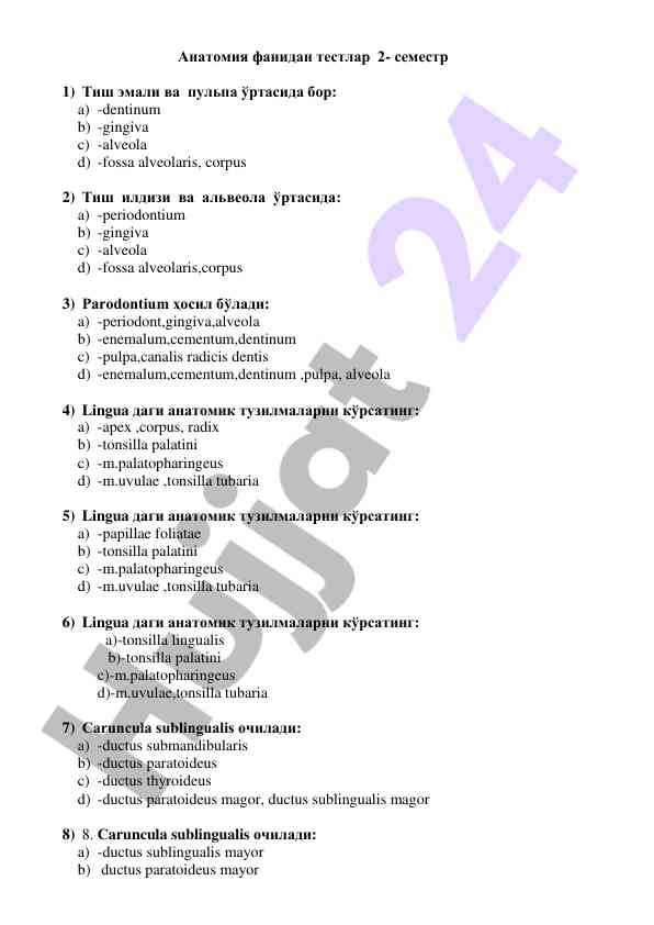 Anatomiya fanidan testlar 2-semestr