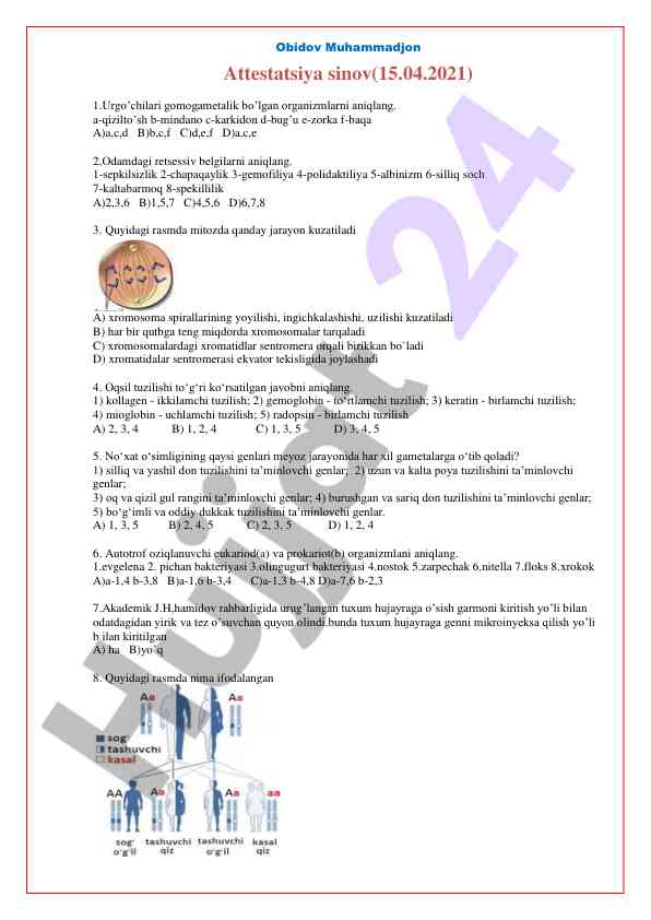 Biologiya testlarida mitoz jarayoni va genlar