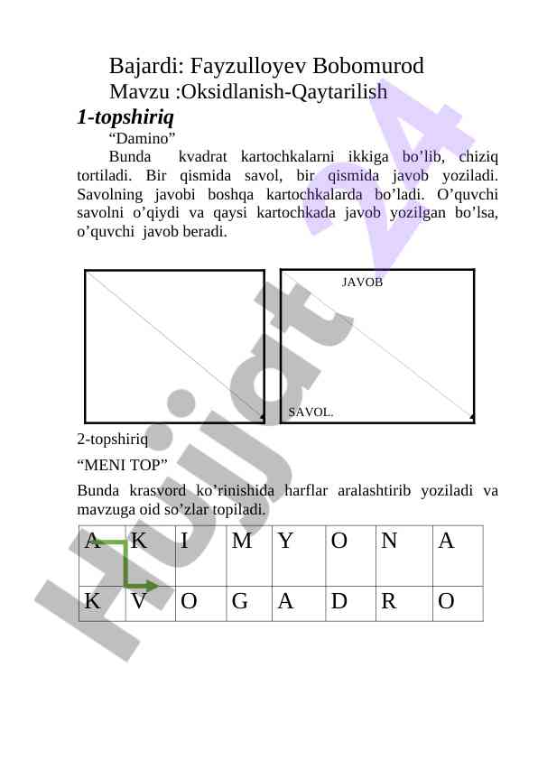Oksidlanish-qaytarilish mavzusidagi topshiriqlar