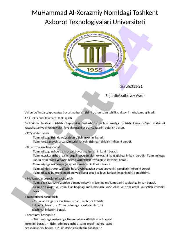 Oziq-ovqat buyurtma berish tizimi tahlili