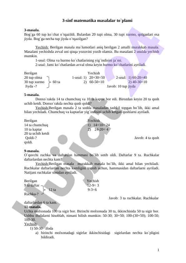 Matematika masalalar to`plami 3-sinf uchun