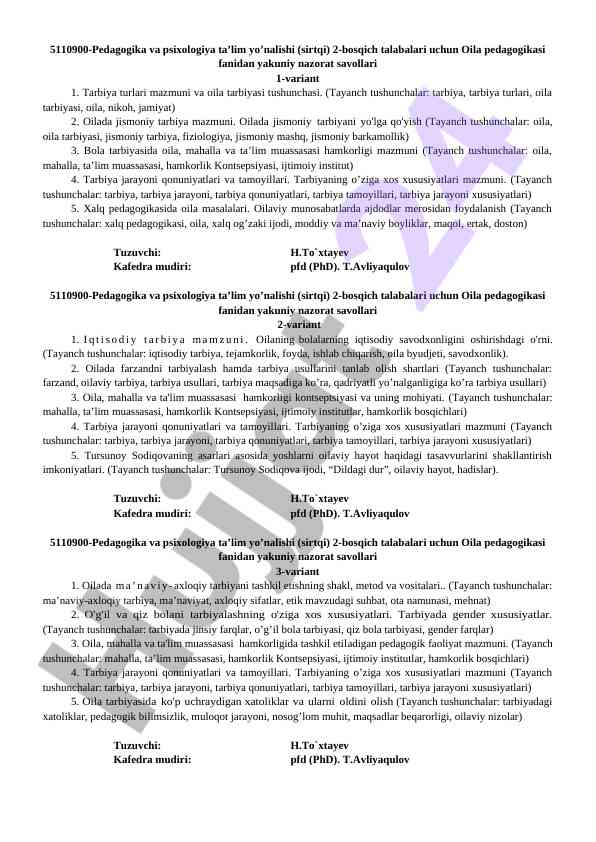Oila Pedagogikasi Fanidan Yakuniy Nazorat Savollari