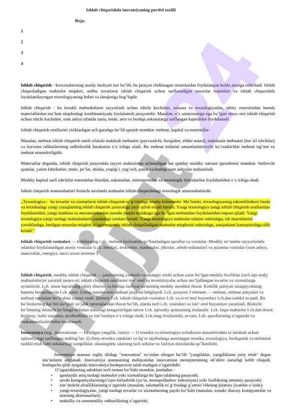 Inovatsiyaning portfel taxlili ishlab chiqarishda