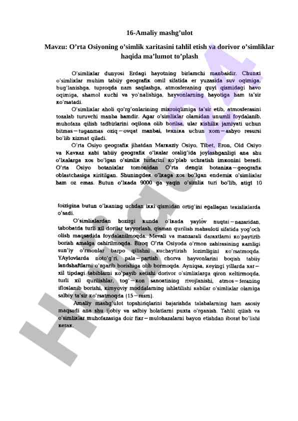 O'rta osiyo o'simlik xaritasini tahlil etish