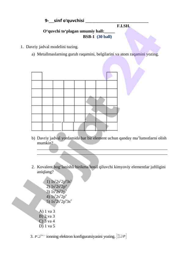 Kimyo fanidan test savollari