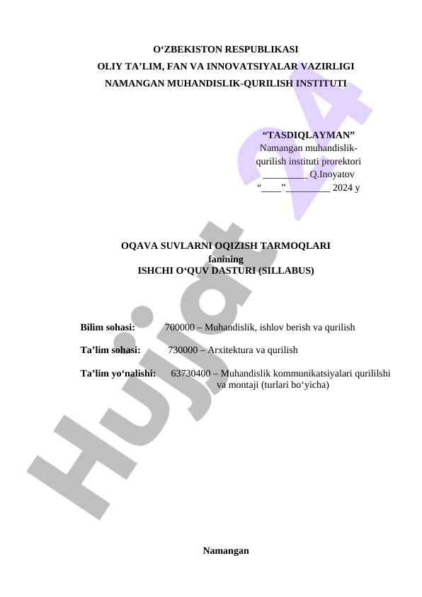 O‘qava suvlarni oqizish tarmoq fanining sillabusi