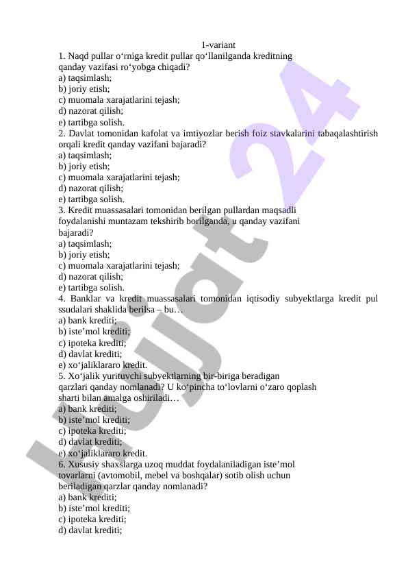 Kredit vazifalari bo‘yicha savollar