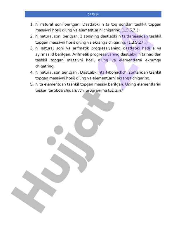 Massivlar bilan ishlash - daslabki n ta elementlar