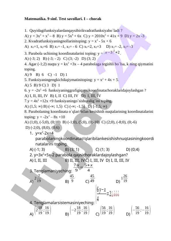 Matematika 9 sinf test savollari i chorak