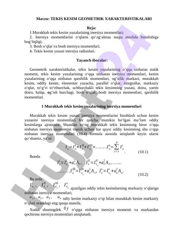 Tekis kesim geometrik xarakteristikalarining tajribasi